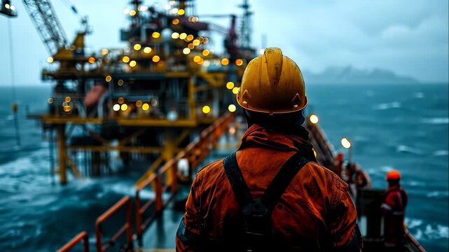 Worker monitors rig in storm. A worker in an orange jacket watches an oil rig in rough seas during sunset, highlighting safety and diligence.