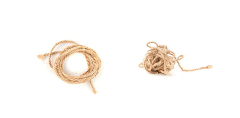 Twine rope piece isolated, jute loop fragment, beige packaging cord knots, old natural line cable