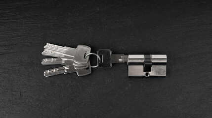 Keys and lock cylinder for door lock. Pin tumbler components ready to replace or repair