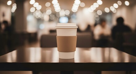 Close up of a disposable white coffee cup with a brown cardboard sleeve sitting on a dark brown wooden table, in a warm cafe setting with blurred lights and background.
