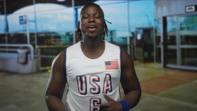 Young man smiling with clenched fists, wearing usa basketball jersey with flag patch and blue wristbands, dreadlocks visible, standing at airport terminal entrance; pride celebration.