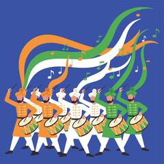 A patriotic musical performance for India's Republic Day with a band of dhol drummers wearing tricolor uniforms. A folk music celebration for Independence Day.