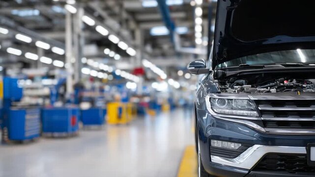 Explore the sleek, modern design and advanced technology of a high-quality SUV engine compartment set against a softly blurred repair shop backdrop.