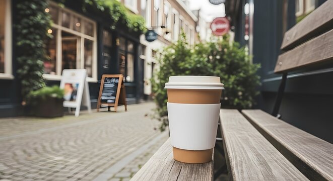 Close up of a disposable coffee cup with a blank white sleeve on a weathered wooden bench seat in a European cobblestone alleyway scene. The background is blurred, showcasing shops and green plants. - Powered by Adobe