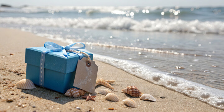 A blue gift box sits on the sand, surrounded by seashells, as gentle waves lap at the shore. The sun shines brightly, creating a serene beach scene