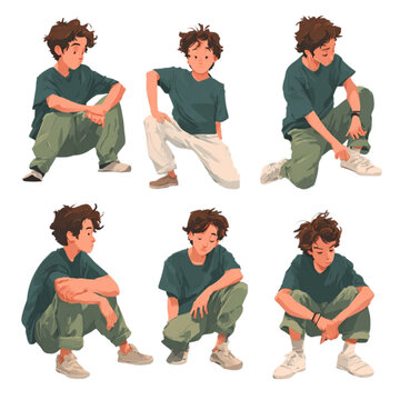 Set of illustrations of a young man in various crouching poses.