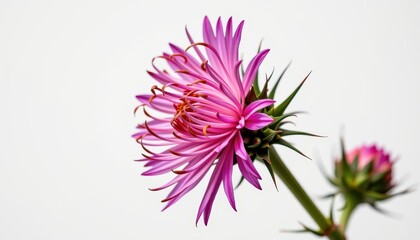 Obraz premium Delicate pink Cotton Thistle flower, isolated on pure white background. Petals unfurl in a soft, textured bloom, bloom, plant, fluffy