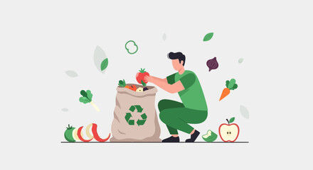 Naklejka premium Volunteer Sorting Food Waste Vegetables into Recycling Bio Bag for Sustainability