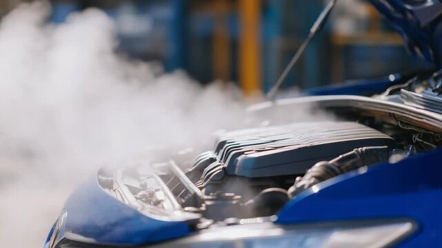 Capture the urgency of automotive repair with a close-up of an overheating car engine, steam billowing from the radiator.
