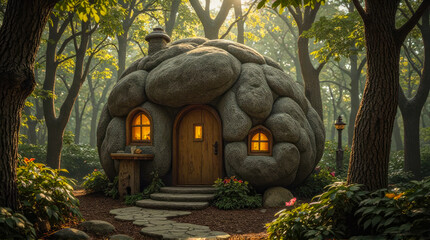 Whimsical Stone Cottage Hidden In Forest With Warm Window Light And Cozy Doorway