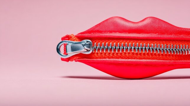A red zipper pull with a silver zipper is shown. The zipper pull is shaped like a lip - Powered by Adobe