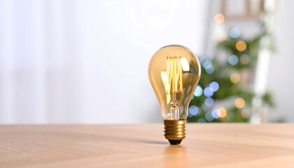 Warm light bulb on a light wooden table, blurred Christmas lights background