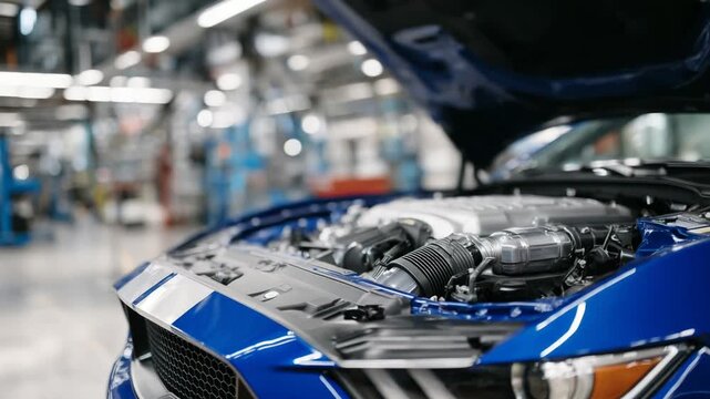 Explore the pristine engine bay of a modern vehicle, showcasing high-quality metallic and plastic components with sharp reflections that emphasize meticulous design.