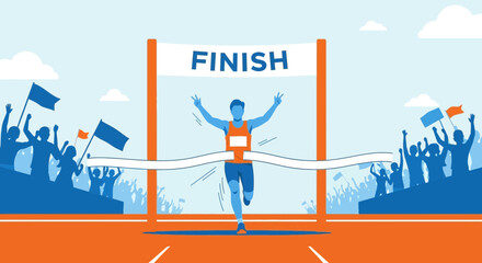 Victory Triumph Illustration Depicting A Runner Crossing The Finish Line With Enthusiastic Support