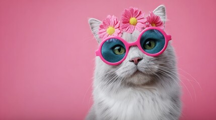 Fototapeta premium A cat wearing pink sunglasses and a flower headband. The cat is looking at the camera with a smile