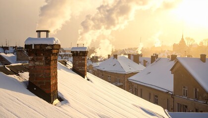 Snow-covered rooftops at sunrise with smoke