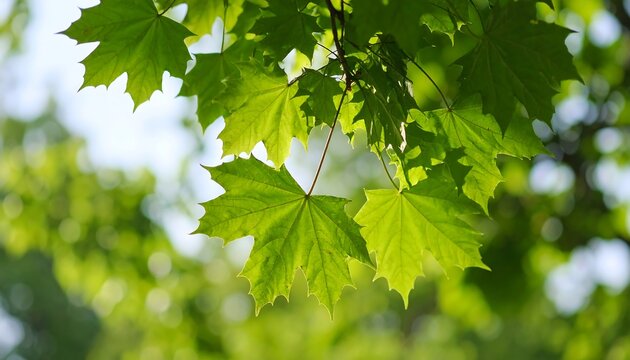 Vibrant green maple leaves against a soft, out-of-focus background