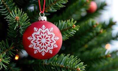 Naklejka premium Classic red and white snowflake ornament hanging on a lush green Christmas tree, festive holiday decoration, graphic, holiday, decoration