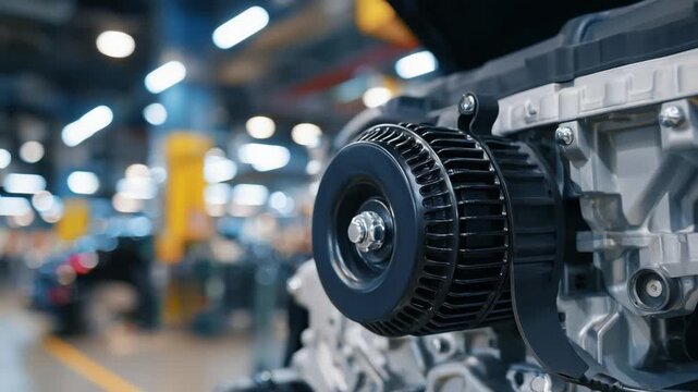 Explore a detailed automotive engine compartment featuring a sleek black alternator, gleaming pulleys, and a robust belt in an industrial setting.