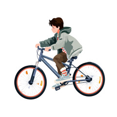 Naklejka premium Young boy in a green hooded jacket riding a blue bicycle.