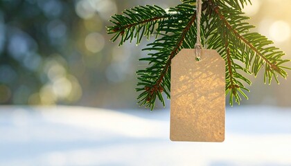 Blank gift tag on snow-covered pine branch