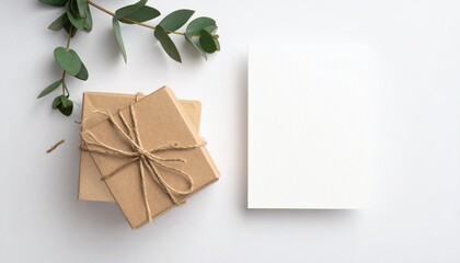 Gift box with blank card and eucalyptus leaves