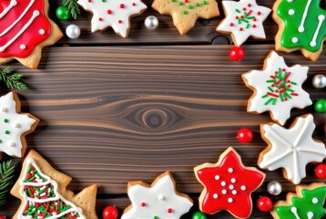 Fototapeta premium Homemade Christmas cookies arranged on rustic wooden background, festive sprinkles and icing, yummy, Christmas sweets, Christmas
