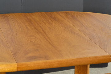 Round teak table, starburst grain, mcm, midcentury modern
