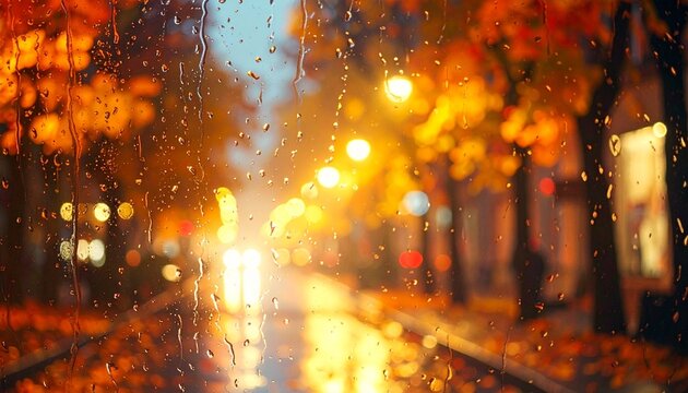 Rainy autumn evening with street lamps and colorful leaves