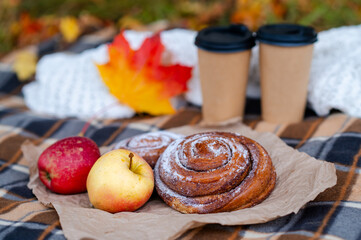 Cozy autumn picnic scene with plaid, knitted sweater, two paper cups of hot drinks, pastries, apples and falling maple leaves