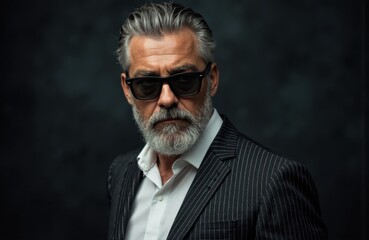 Obraz premium Confident mature man with gray hair and beard wearing sunglasses and a pinstripe suit