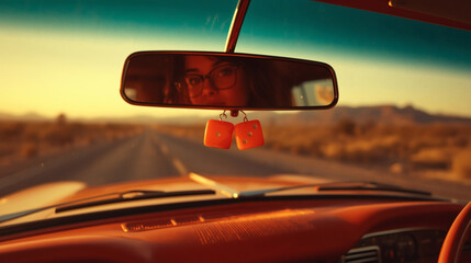 A woman s reflection in a rearview mirror during a road trip