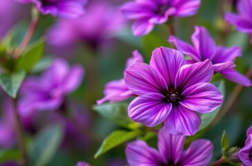 Vibrant purple flower blossoms in full bloom, showcasing its rich color and delicate petals against a soft, blurred background. Close-up detail reveals intrica, bright purple, detailed