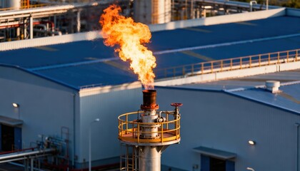 Medium shot of industrial gas flare stack emitting controlled flame highlighting ecofriendly emission reduction efforts in a regulated energy facility.