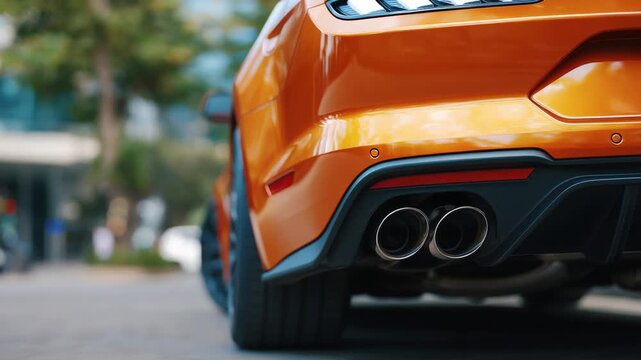 Capture the sleek design of a modern sports car with a low-angle view of twin exhaust pipes and metallic reflections on the diffuser and rear bumper.
