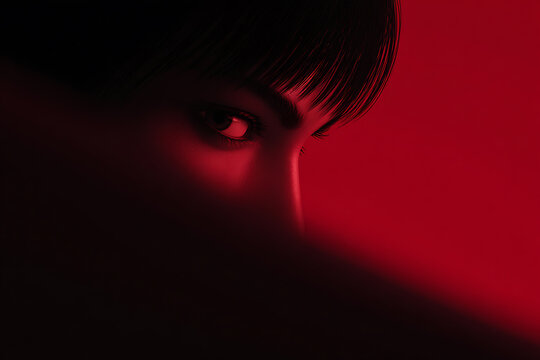 anime fantasy illustration, detailed manga anime poster with close-up of a womans eye under red light, conveying vengeance and silence with cinematic lighting and subtle emotion