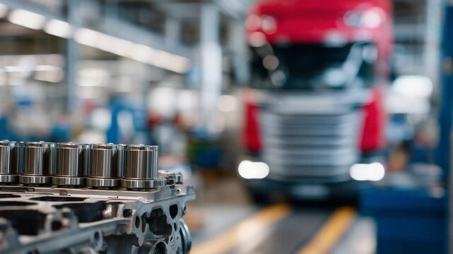 Explore a high-resolution image showcasing a disassembled truck engine with detailed cylinder block and gear components, set against a blurred red truck backdrop, emphasizing maintenance.