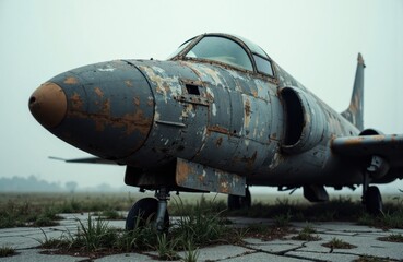 Obraz premium An abandoned fighter jet with rusted and weathered exterior on a grassy airfield
