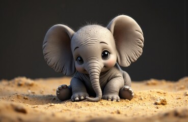 Fototapeta premium Cute baby elephant sitting on sandy ground with a dark background