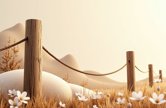 A peaceful landscape features wooden posts connected by rope in a natural setting with soft lighting