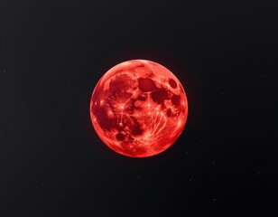 Naklejka premium Isolated red moon in dark space, celestial phenomenon, vibrant crimson hue, mystical atmosphere, stars, beautiful, dramatic