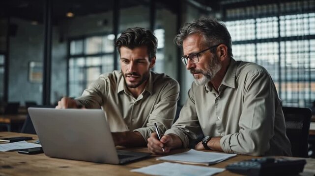 Mentoring, Business Strategy Two Men Working on Laptop Together