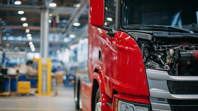 Close-up of a heavy truck engine under repair, highlighting metallic surfaces, hoses, and connectors with a softly blurred red truck in a workshop setting.
