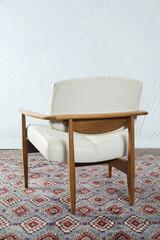 Teak lounge chair, white leather, mcm, midcentury, minimal
