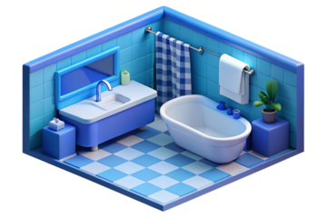 Photo of isometric view of a cartoonstyle bathroom with blue walls, checkered floor, bathtub, sink, and plant isolated on transparent background