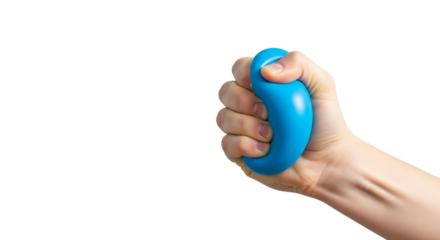 Closeup of a hand squeezing a bright blue stress ball against a soft blue background, relieving tension