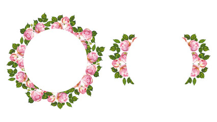 Watercolor floral frames with pink peonies and green leaves. Round and half-round botanical borders perfect for wedding invitations, greeting cards, posters, and elegant floral designs.