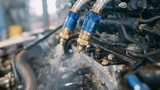 Close-up of a 372 engine bay showcasing injectors spraying gasoline under pressure with detailed polished metal, hoses, and connectors.