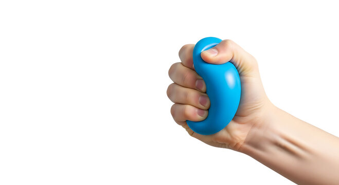 Closeup of a hand squeezing a bright blue stress ball against a soft blue background, relieving tension