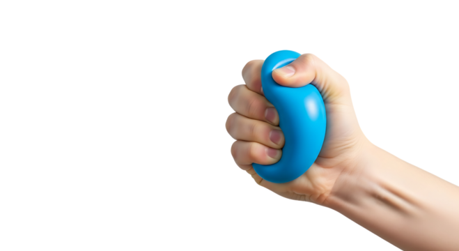 Closeup of a hand squeezing a bright blue stress ball against a soft blue background, relieving tension